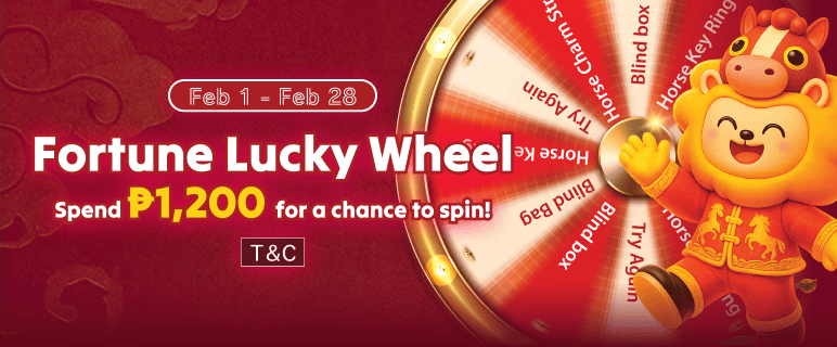 Fortune Lucky Wheel promotion banner for February, spend ₱1,200 for a chance to win blind boxes and horse charms.