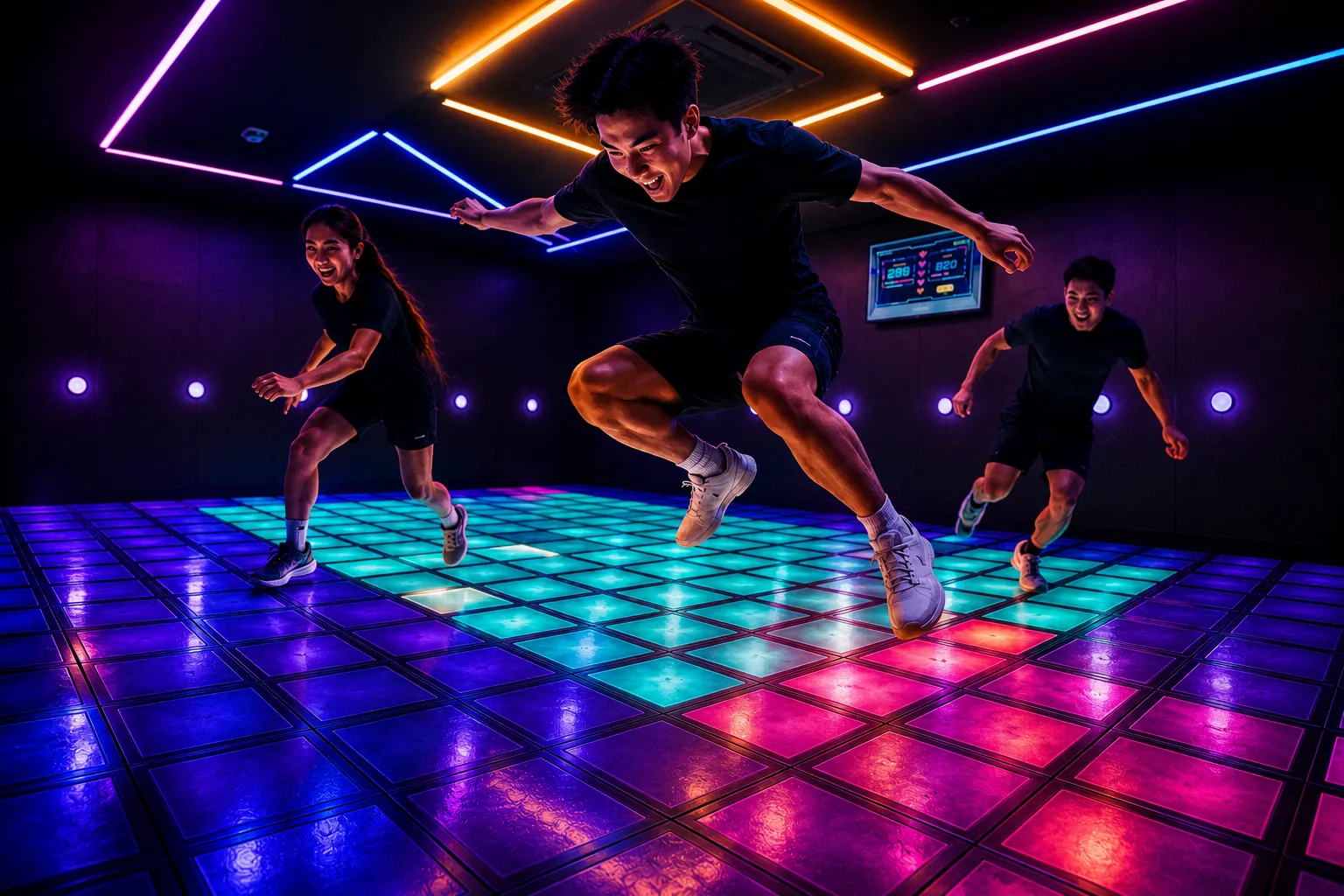 A team jumping on INMERS' immersive Floor Is Lava LED floor