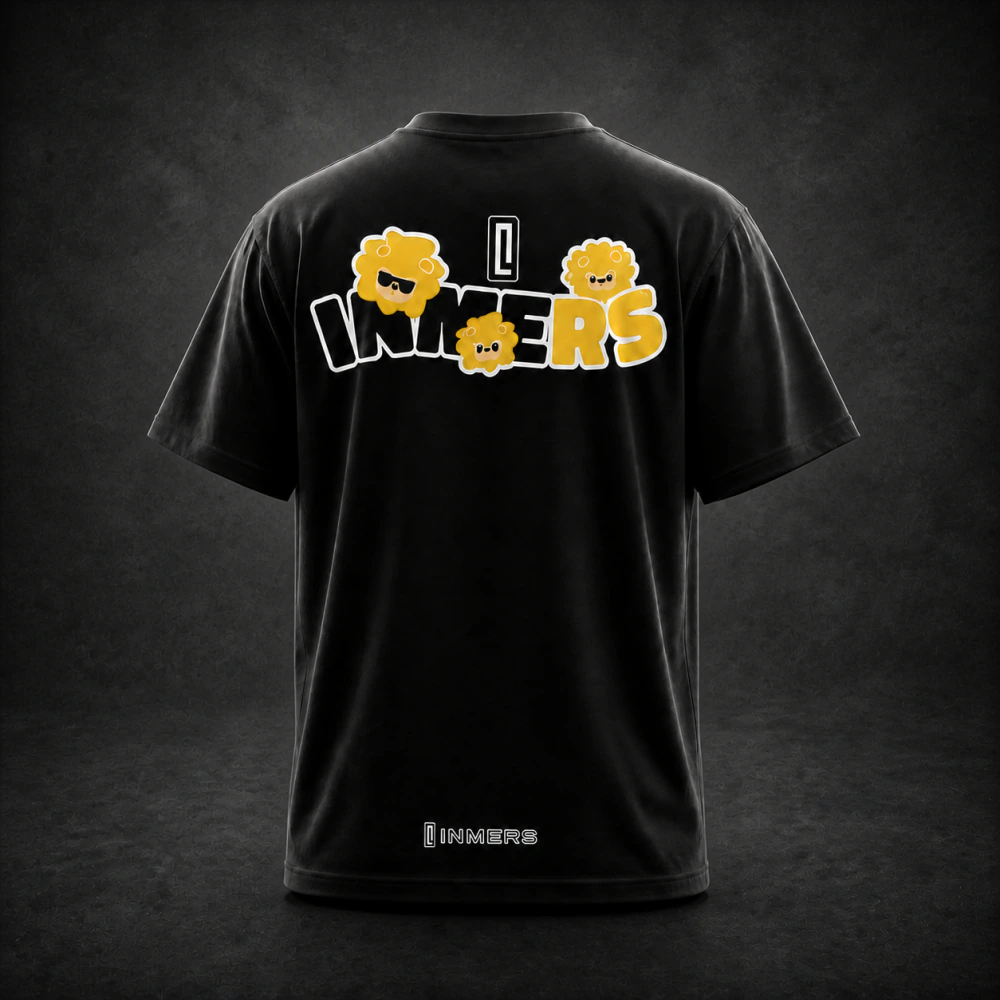 Back of an INMERS T-shirt featuring the INMERS logo and mascot artwork