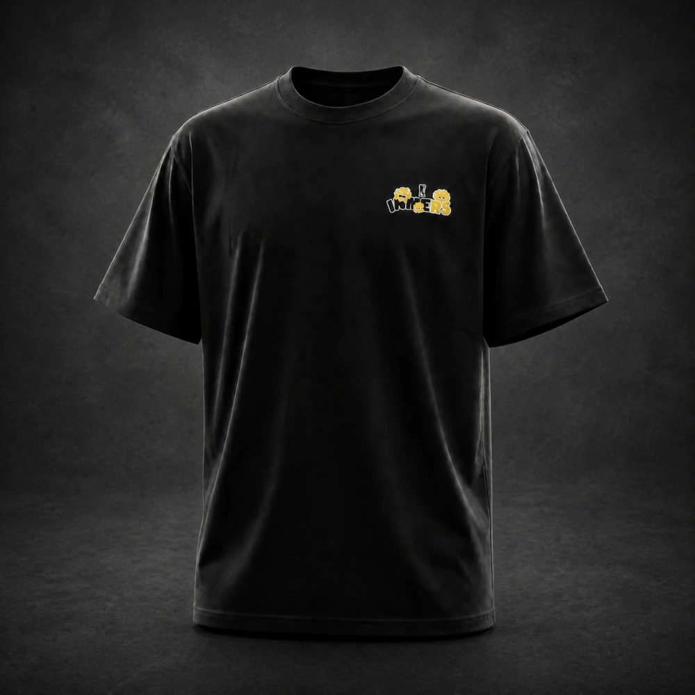 Front of a black INMERS T-shirt featuring the mascot