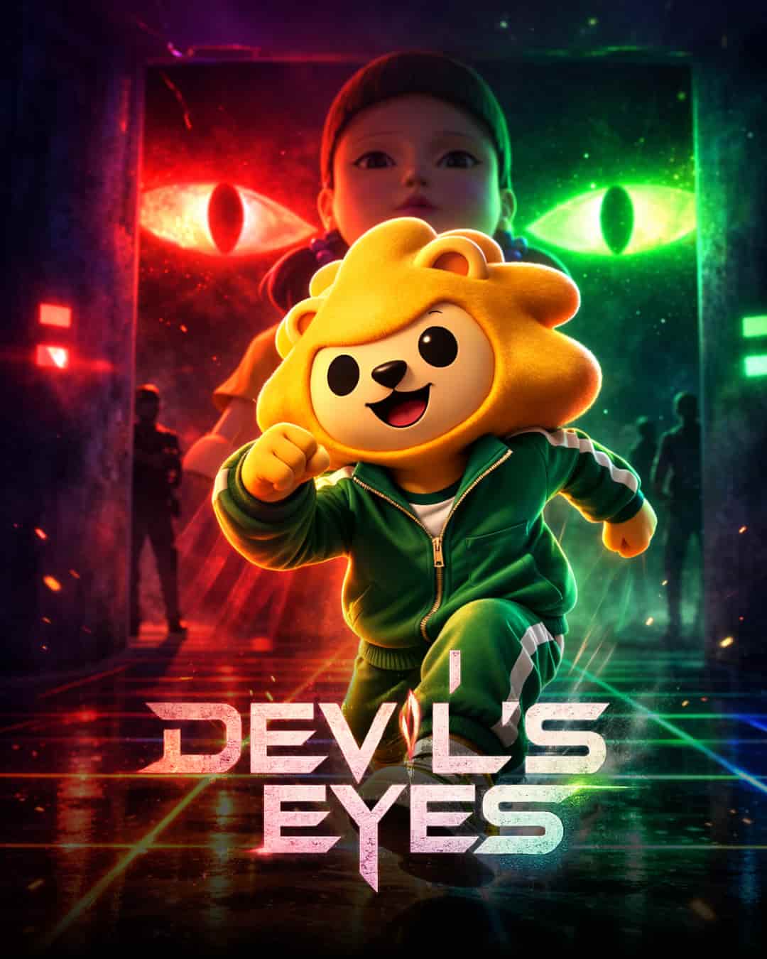 Inmers mascot character in a green tracksuit running in a dark, ritualistic room with glowing red and green eyes in the background, Devil's Eyes game poster.