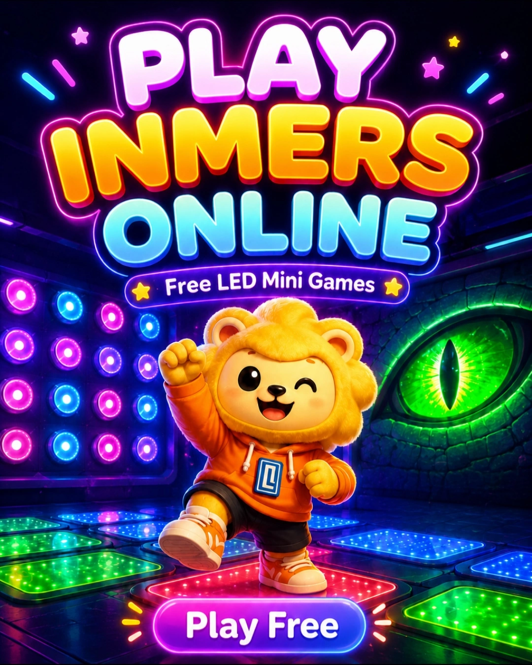 PLAY INMERS ONLINE free web mini-games promotional poster featuring the cute lion mascot and a futuristic green eye.