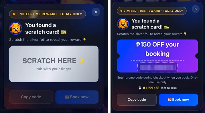 INMERS surprise scratch card reward popup on the website