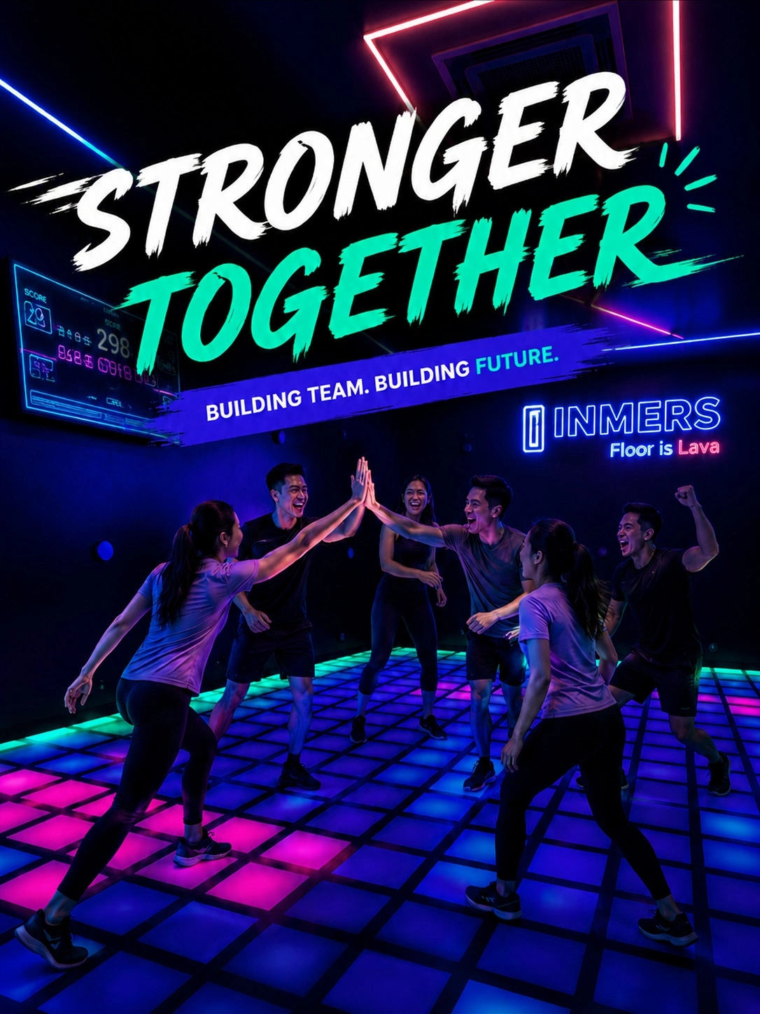 Team building activities in Manila at INMERS Makati with corporate group playing indoor LED floor games at One Ayala Mall
